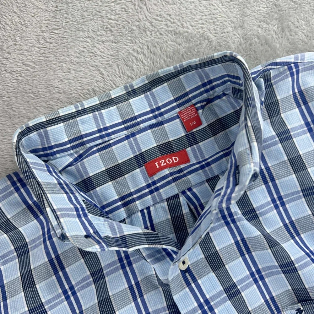 IZOD Plaid Button Down Shirt Long Sleeve Collared‎ Casual Blue Gray Size L
